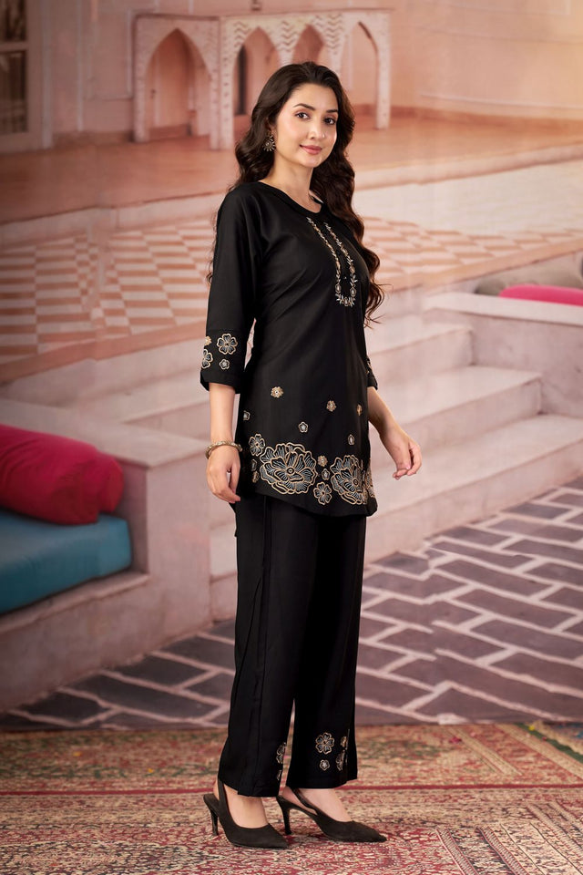Black Floral Embroidered Rayon Co-Ord Set (ACB2413)