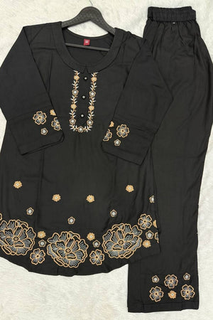 Black Floral Embroidered Rayon Co-Ord Set (ACB2413)
