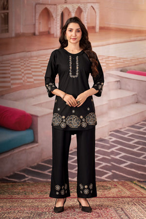 Black Floral Embroidered Rayon Co-Ord Set (ACB2413)