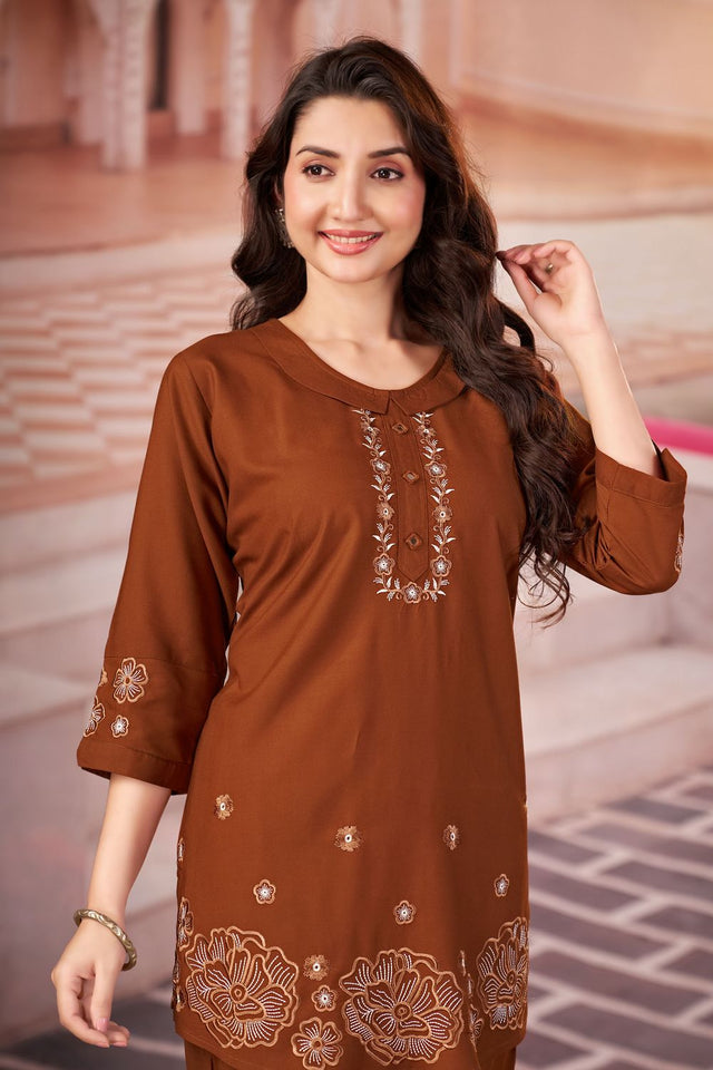 Brown Floral Embroidered Rayon Co-Ord Set (ACB2414)