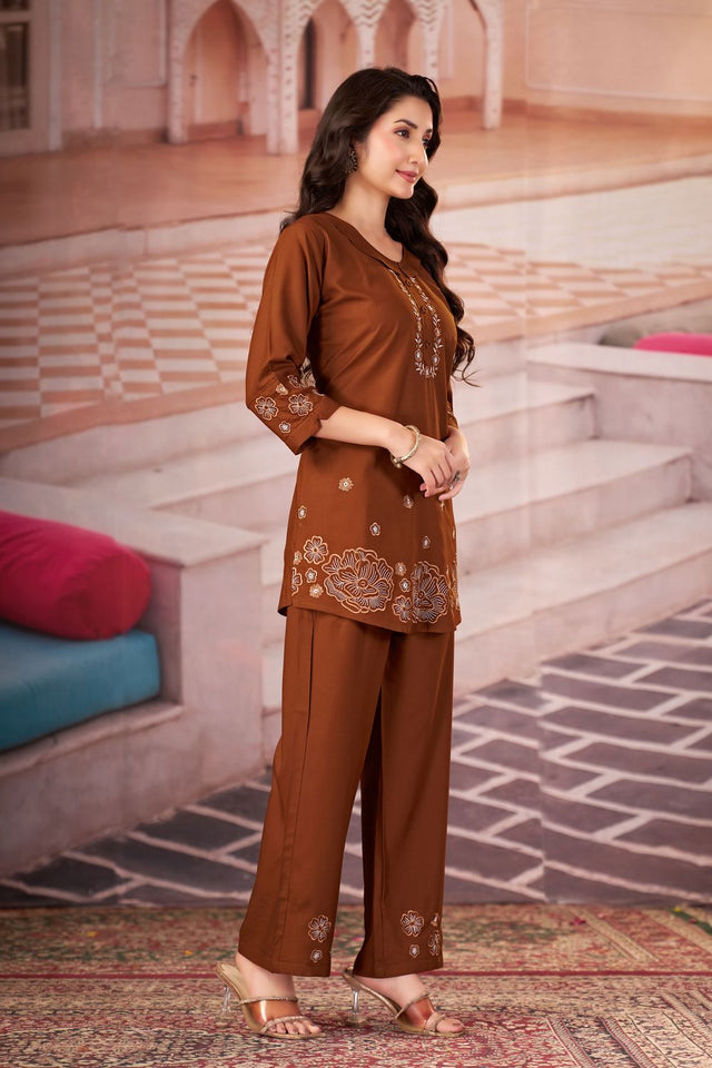 Brown Floral Embroidered Rayon Co-Ord Set (ACB2414)