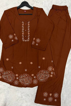 Brown Floral Embroidered Rayon Co-Ord Set (ACB2414)