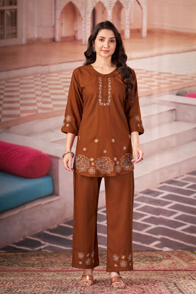 Brown Floral Embroidered Rayon Co-Ord Set (ACB2414)