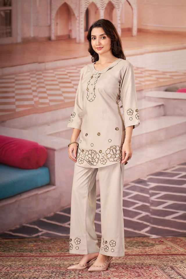 Off White Floral Embroidered Rayon Co-Ord Set (ACB2415)