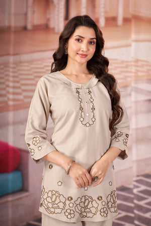 Off White Floral Embroidered Rayon Co-Ord Set (ACB2415)
