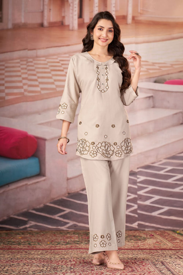 Off White Floral Embroidered Rayon Co-Ord Set (ACB2415)