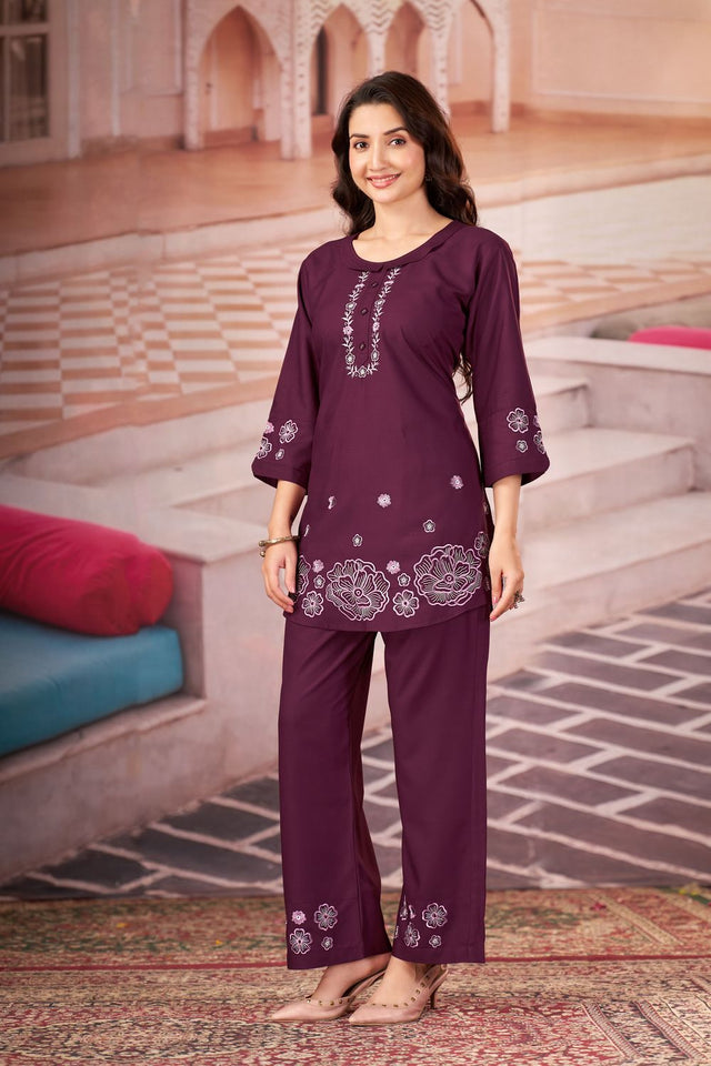 Wine Floral Embroidered Rayon Co-Ord Set (ACB2417)