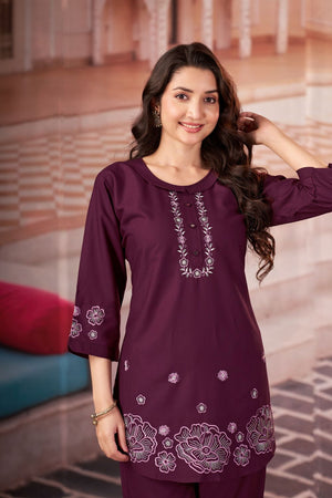 Wine Floral Embroidered Rayon Co-Ord Set (ACB2417)