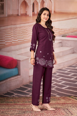 Wine Floral Embroidered Rayon Co-Ord Set (ACB2417)