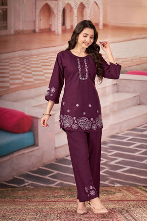 Wine Floral Embroidered Rayon Co-Ord Set (ACB2417)