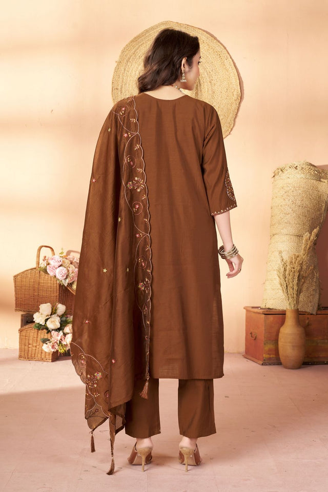 Brown Sequin with Floral Embroidered Silk Straight Cut Suits (ACB2418)