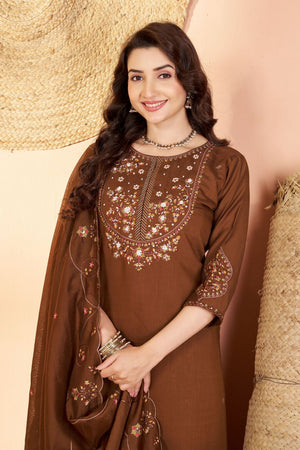 Brown Sequin with Floral Embroidered Silk Straight Cut Suits (ACB2418)