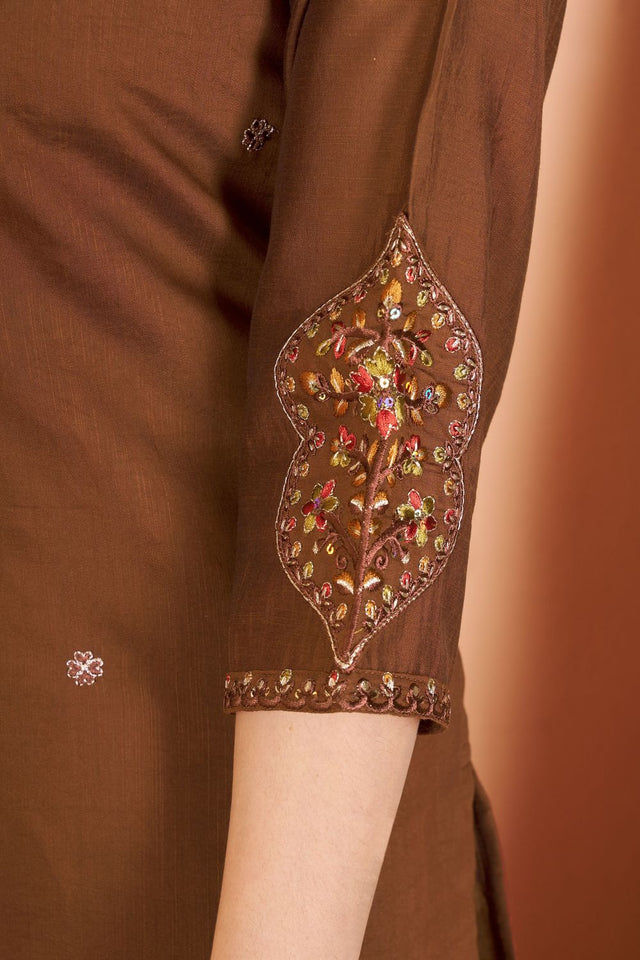 Brown Sequin with Floral Embroidered Silk Straight Cut Suits (ACB2418)