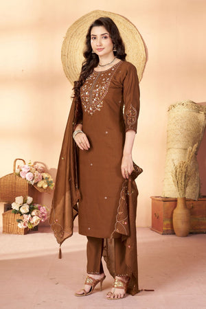 Brown Sequin with Floral Embroidered Silk Straight Cut Suits (ACB2418)