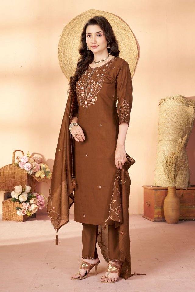 Brown Sequin with Floral Embroidered Silk Straight Cut Suits (ACB2418)