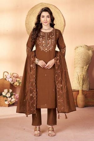 Brown Sequin with Floral Embroidered Silk Straight Cut Suits (ACB2418)