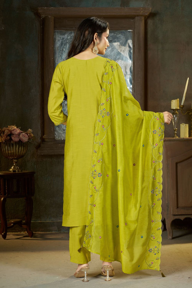 Dark Green Sequin with Floral Embroidered Silk Straight Cut Suits (ACB2419)