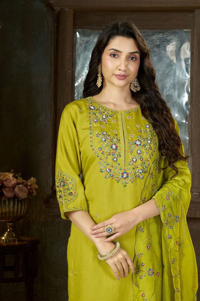 Dark Green Sequin with Floral Embroidered Silk Straight Cut Suits (ACB2419)