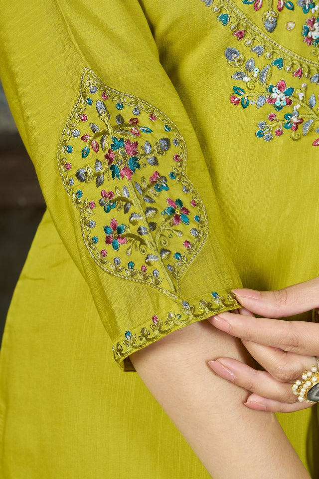 Dark Green Sequin with Floral Embroidered Silk Straight Cut Suits (ACB2419)