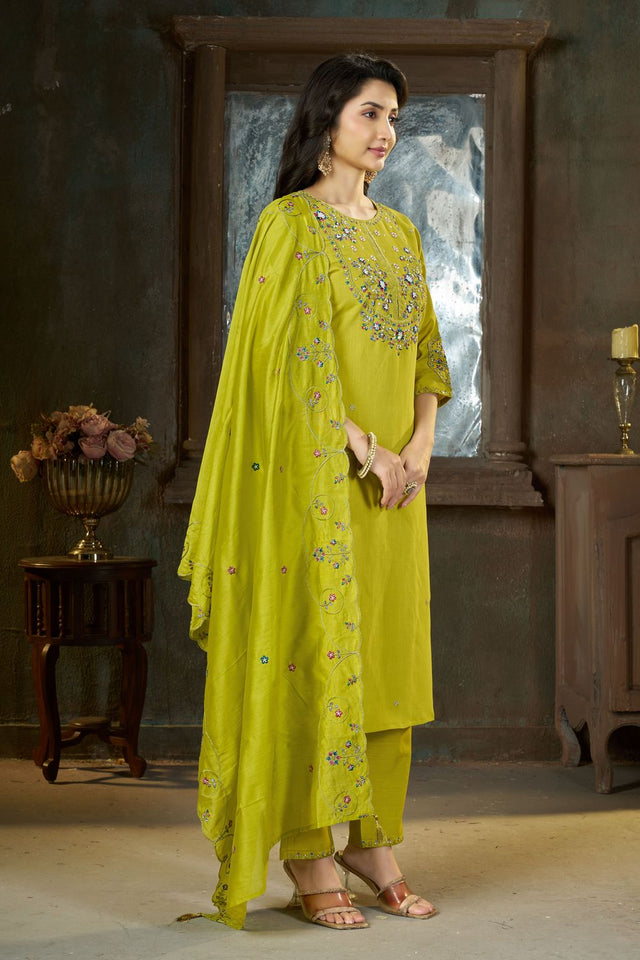 Dark Green Sequin with Floral Embroidered Silk Straight Cut Suits (ACB2419)