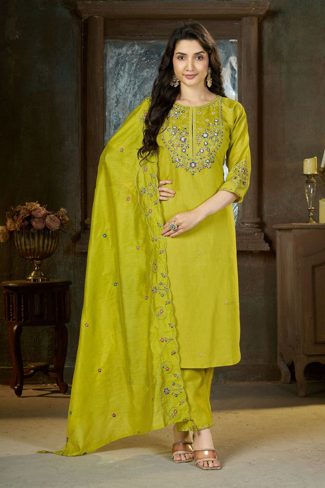 Dark Green Sequin with Floral Embroidered Silk Straight Cut Suits (ACB2419)