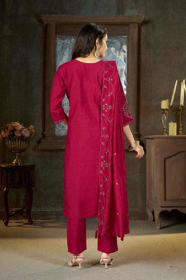Pink Sequin with Floral Embroidered Silk Straight Cut Suits (ACB2420)