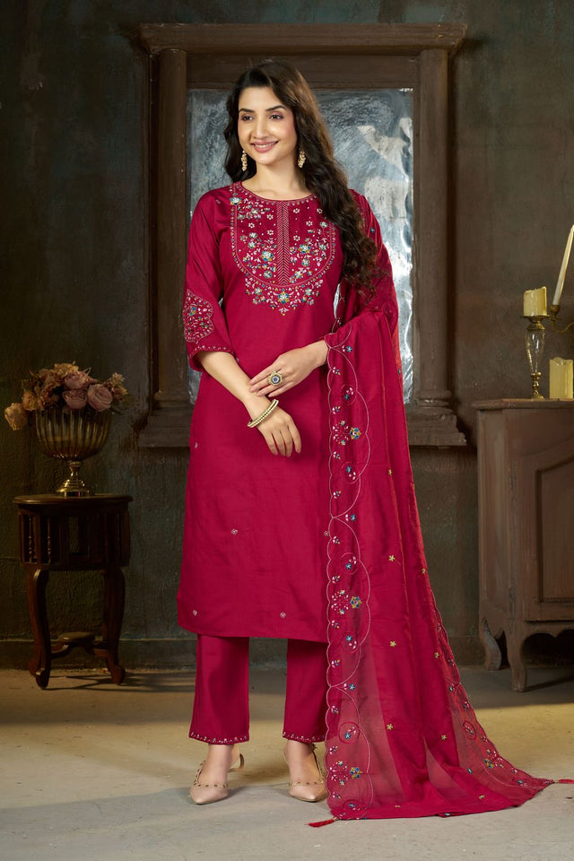 Pink Sequin with Floral Embroidered Silk Straight Cut Suits (ACB2420)
