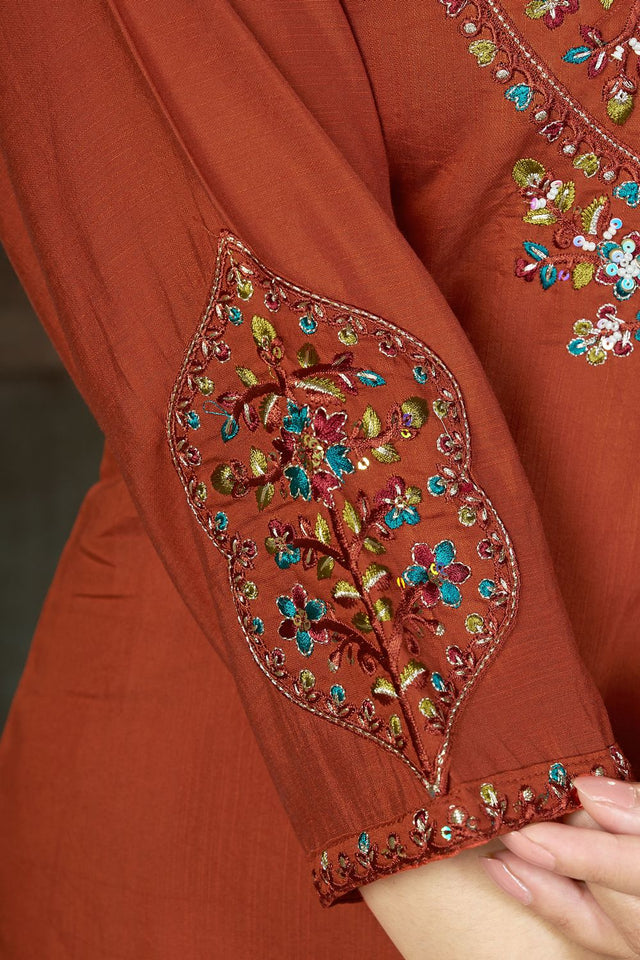 Rust Sequin with Floral Embroidered Silk Straight Cut Suits (ACB2421)