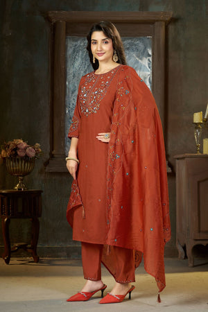 Rust Sequin with Floral Embroidered Silk Straight Cut Suits (ACB2421)
