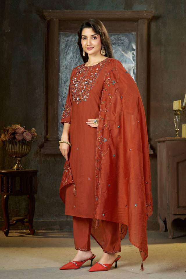 Rust Sequin with Floral Embroidered Silk Straight Cut Suits (ACB2421)