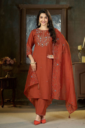 Rust Sequin with Floral Embroidered Silk Straight Cut Suits (ACB2421)