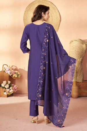 Violet Sequin with Floral Embroidered Silk Straight Cut Suits (ACB2422)