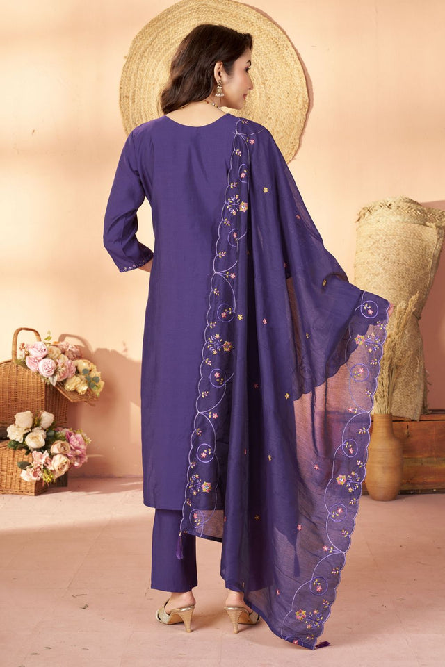 Violet Sequin with Floral Embroidered Silk Straight Cut Suits (ACB2422)