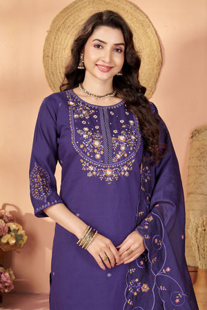 Violet Sequin with Floral Embroidered Silk Straight Cut Suits (ACB2422)