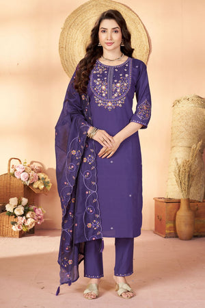Violet Sequin with Floral Embroidered Silk Straight Cut Suits (ACB2422)