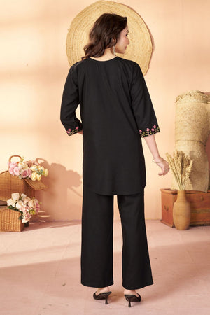 Black Floral Embroidered Rayon Co-Ord Set (ACB2424)