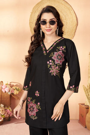 Black Floral Embroidered Rayon Co-Ord Set (ACB2424)