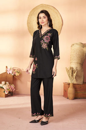 Black Floral Embroidered Rayon Co-Ord Set (ACB2424)