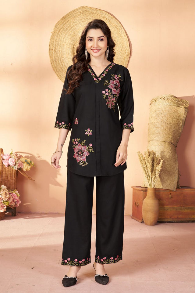 Black Floral Embroidered Rayon Co-Ord Set (ACB2424)