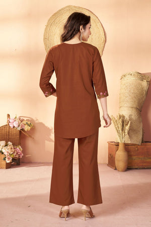 Brown Floral Embroidered Rayon Co-Ord Set (ACB2425)