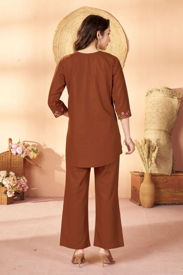 Brown Floral Embroidered Rayon Co-Ord Set (ACB2425)