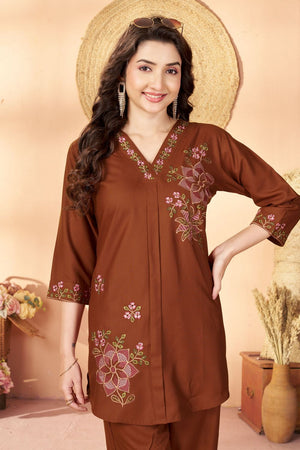 Brown Floral Embroidered Rayon Co-Ord Set (ACB2425)