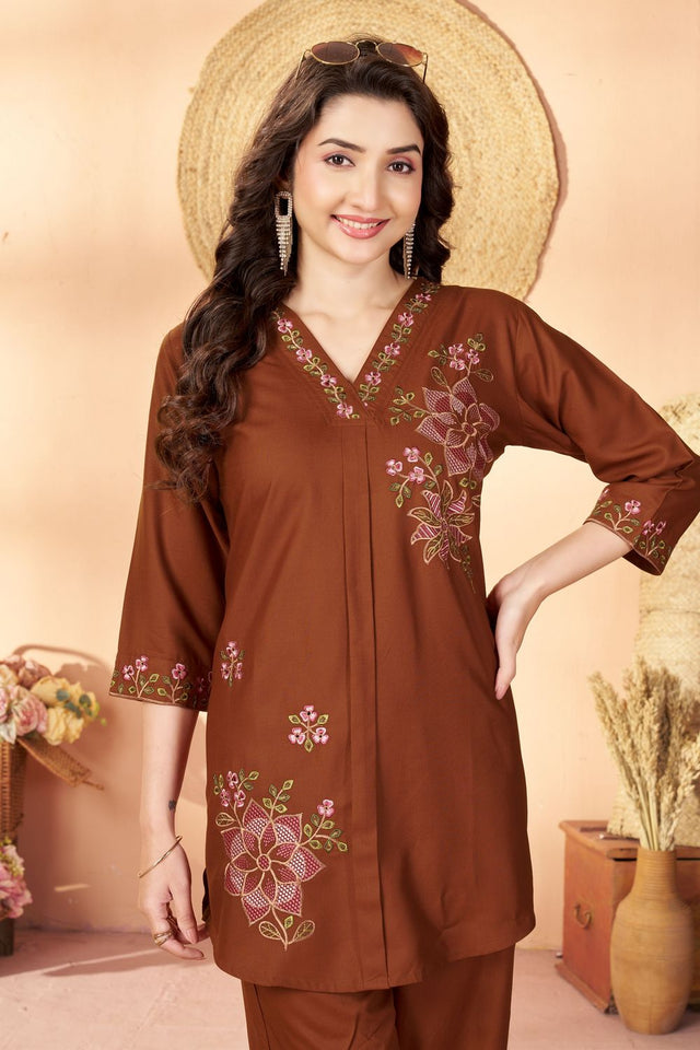 Brown Floral Embroidered Rayon Co-Ord Set (ACB2425)