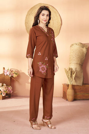 Brown Floral Embroidered Rayon Co-Ord Set (ACB2425)