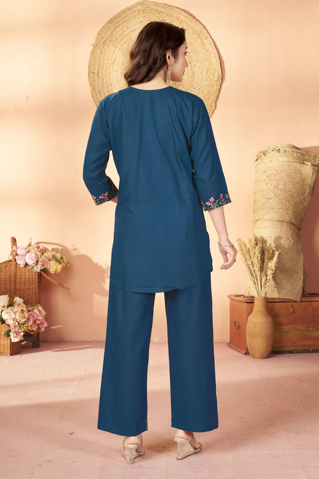 Blue Floral Embroidered Rayon Co-Ord Set (ACB2427)
