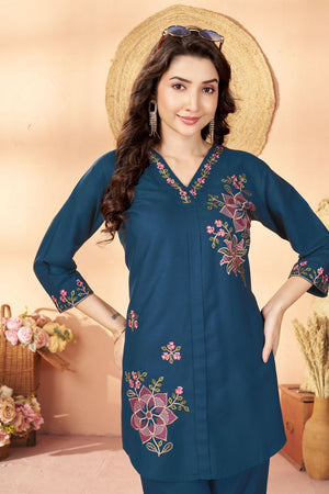 Blue Floral Embroidered Rayon Co-Ord Set (ACB2427)