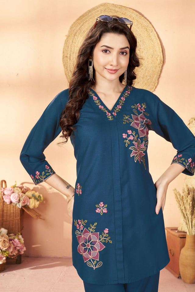 Blue Floral Embroidered Rayon Co-Ord Set (ACB2427)