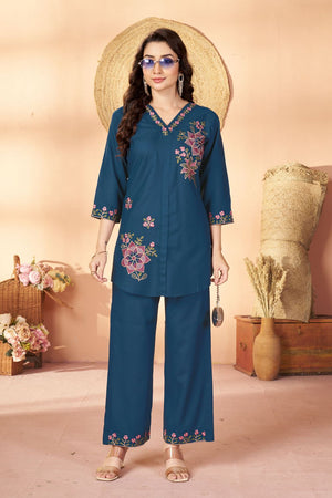 Blue Floral Embroidered Rayon Co-Ord Set (ACB2427)