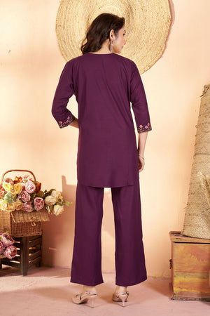 Wine Floral Embroidered Rayon Co-Ord Set (ACB2428)