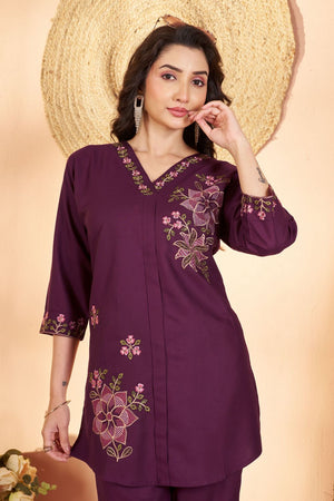 Wine Floral Embroidered Rayon Co-Ord Set (ACB2428)